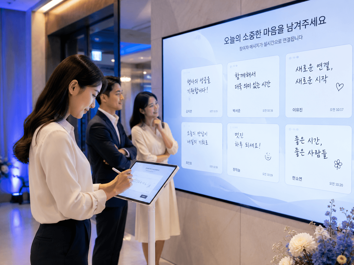 행사장 입구에서 참여자가 태블릿에 손글씨로 메시지를 쓰고 옆 대형 화면에 방금 쓴 문장이 나타나는 모습
