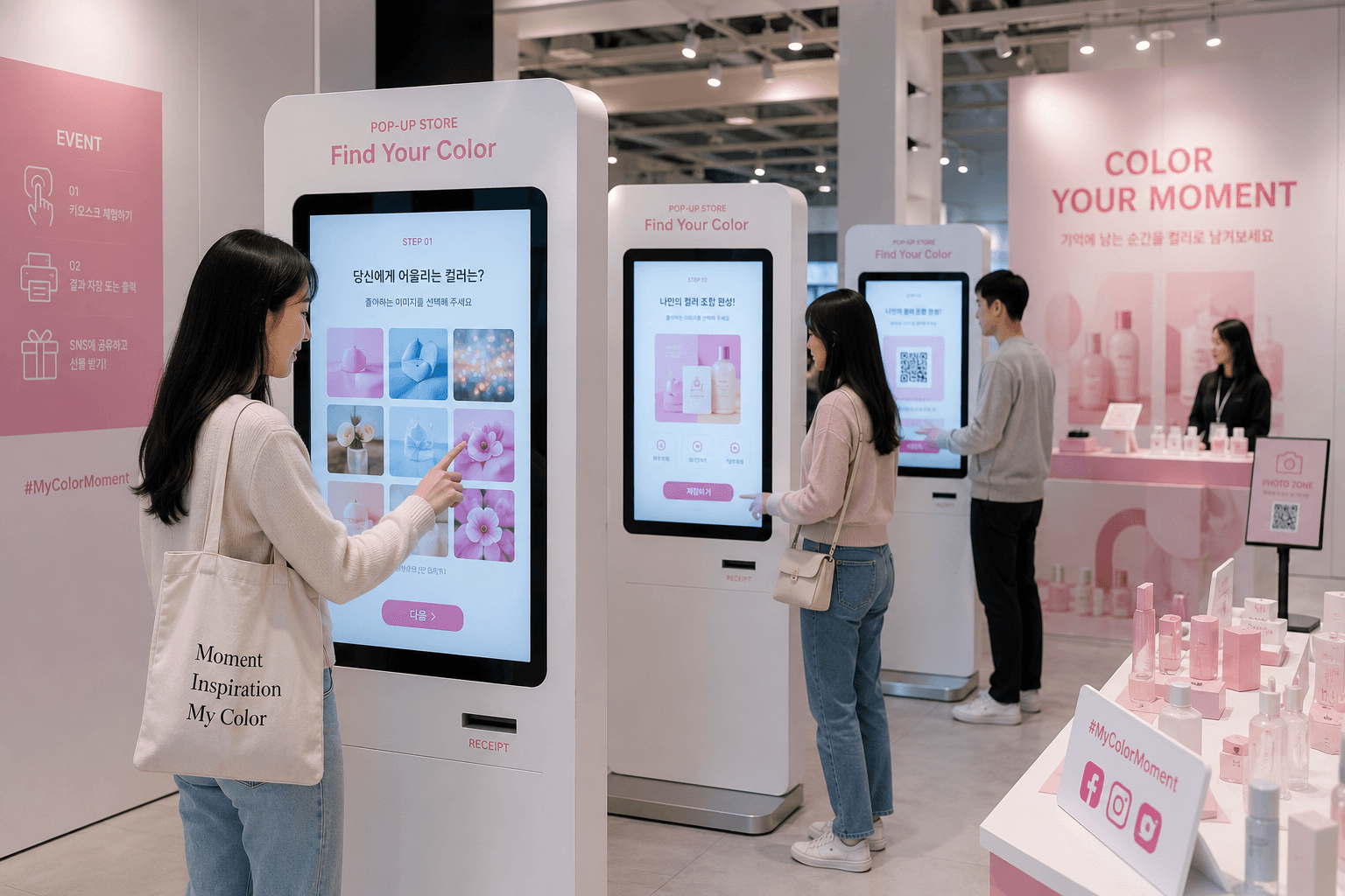 팝업스토어 내부에서 방문객이 벽면 인터랙티브 콘텐츠에 참여하며 즐거워하는 모습